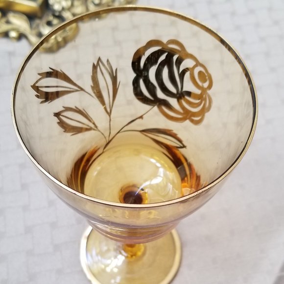 Toscany 4 Amber Stemware with Gold Rose Design - Picture 4 of 5